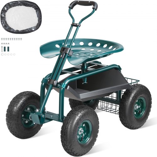 VEVOR Sedile da Giardino a Rotelle Sgabello da Giardinaggio Girevole a 360° Ruote Gonfiabili Diametro 25,4cm con Sedile 760x450x960mm Manico Allungabile Vassoio Porta Attrezzi per Cortile Colore Verde