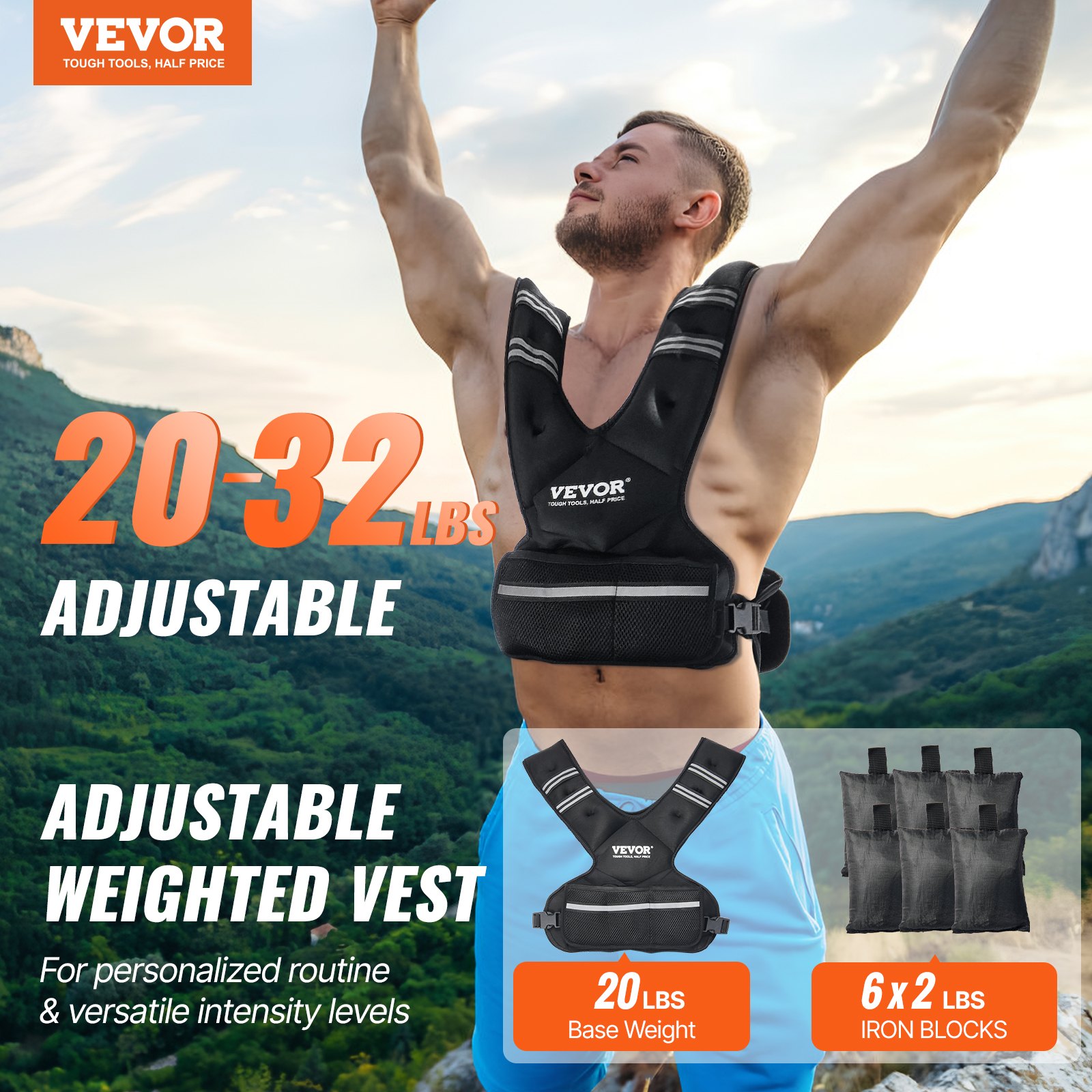 VEVOR Giacca con Pesi Regolabile 9-14,5 kg, Giacca con Pesi 6 Pacchi Pesi in Pellet di Ferro e Striscia Riflettente per Adulti Attrezzatura da Allenamento per Bodybuilding, Corsa, Jogging, Fitness