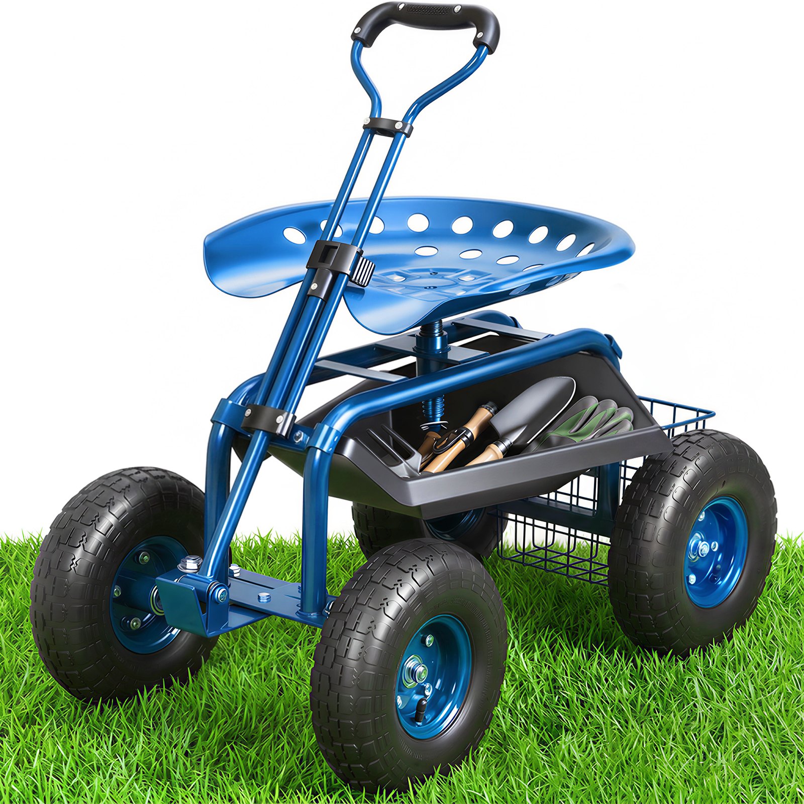 VEVOR Sedile da Giardino a Rotelle Sgabello da Giardinaggio Girevole a 360° su Ruote Gonfiabili Carrello da 25,4cm con Sedile 760x450x960 mm Manico Allungabile Vassoio Porta Attrezzi per Patio Cortile