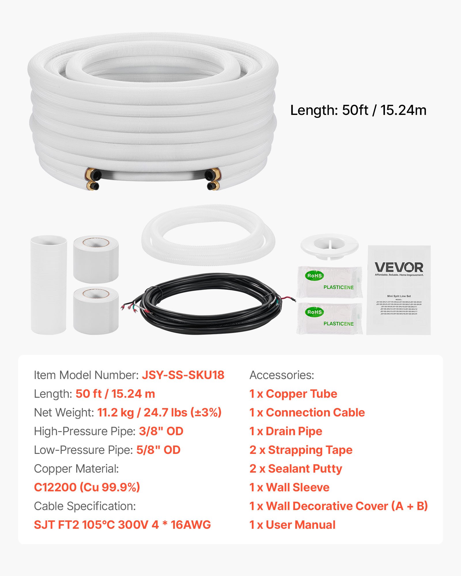 VEVOR Set di Tubi Mini Split da 15,2 m Tubo in Rame per Aria Condizionata con Diametro Esterno di 9,5 e 15,9 mm, Raccordi di Qualità Elevata, per Sistemi di Condizionamento Aria Mini Split HVAC