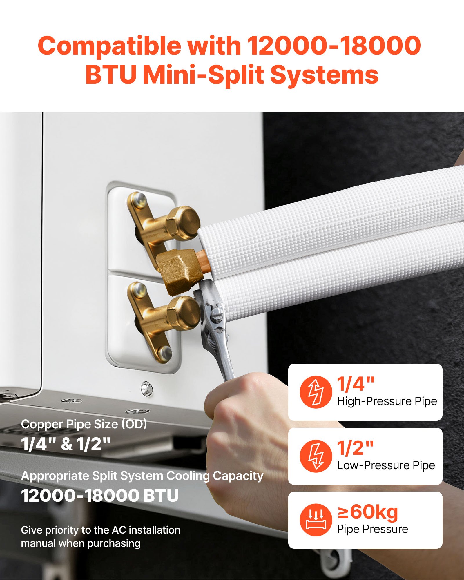 VEVOR Set Mini Split Line da 15,2 m Tubo in Rame per Aria Condizionata con Diametro Esterno di 6,4 e 12,7 mm, Nastri di Fissaggio, per Mini Condizionatori Aria, HVAC o Sistemi di Pompe di Calore