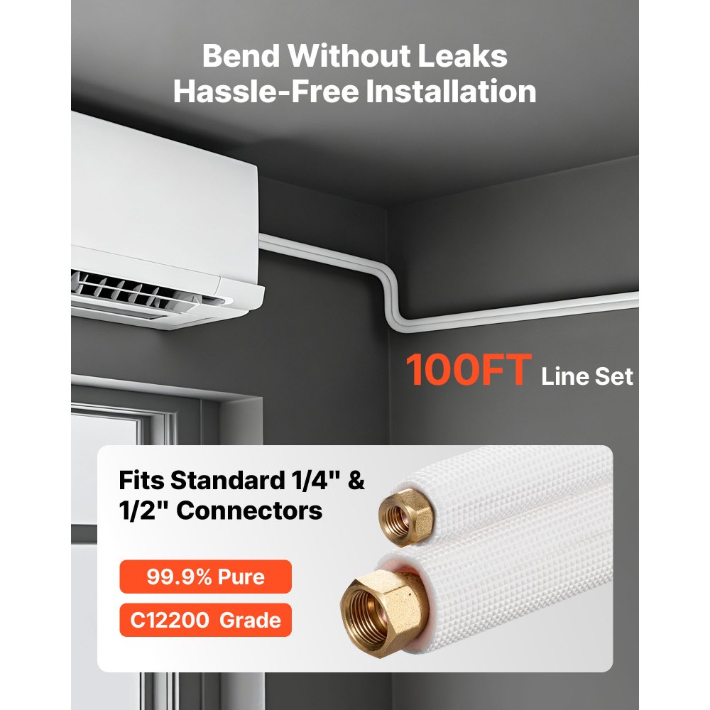 VEVOR Set di Tubi Mini Split da 30,5 m Tubo in Rame per Aria Condizionata con Diametro Esterno di 6,4 e 12,7 mm, Nastri di Fissaggio, per Condizionatori Aria HVAC o Sistemi a Pompa di Calore