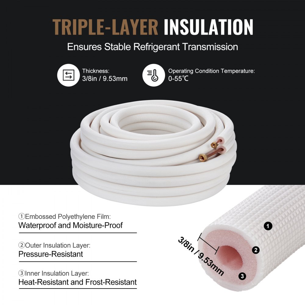VEVOR 50FT Mini-Split Piping Kit, copper pipes with 1/4 inch and 3/8 inch outer diameter and triple insulation, for mini-split air conditioners, refrigerator or heat pump units and HVAC with