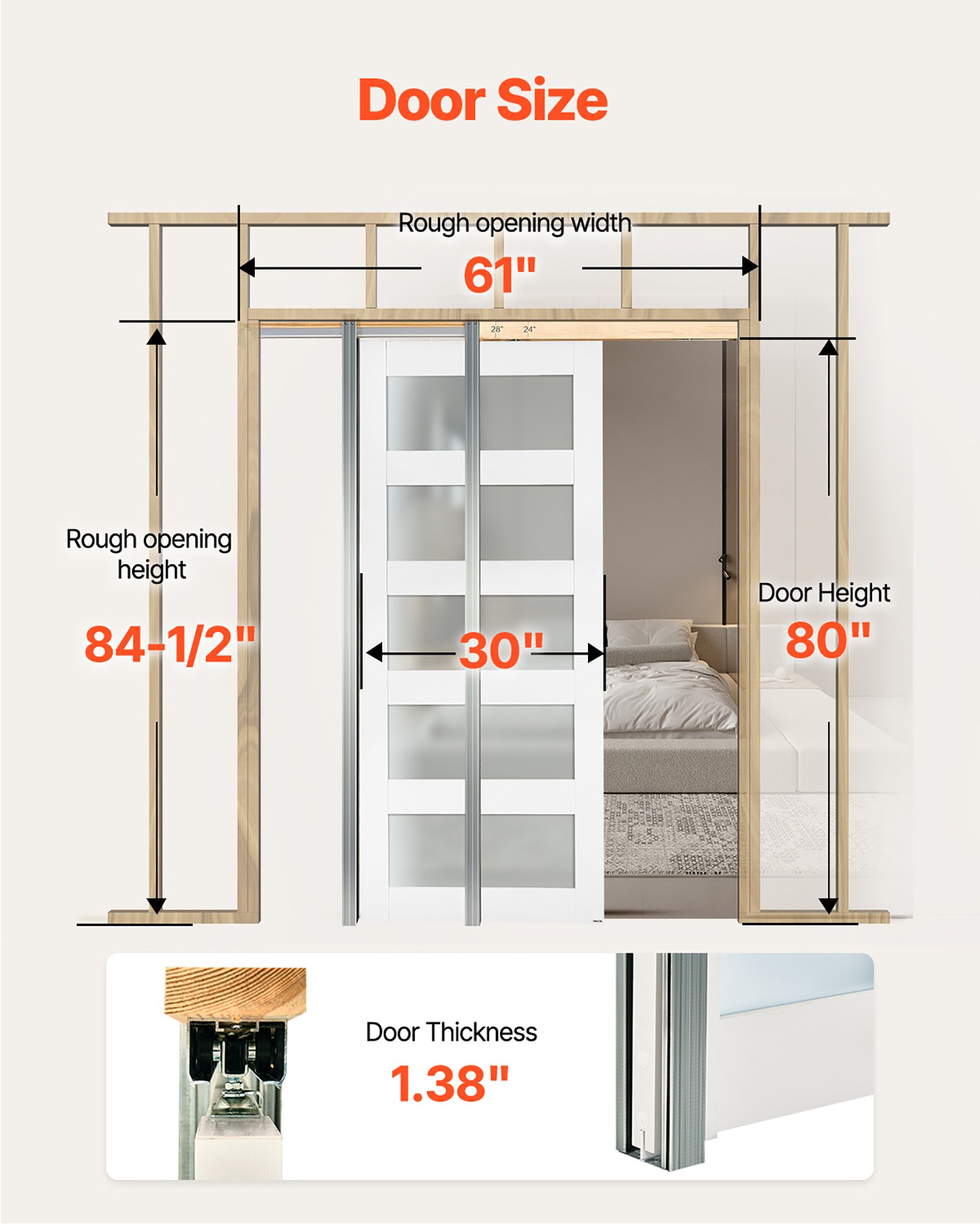 VEVOR Porta Scorrevole a Scomparsa, 765 x 2035 mm, Porta Scorrevole Singola in Vetro Satinato a 5 Livelli con Kit Ferramenta, con Superficie Impermeabile per Camera da Letto, Cucina