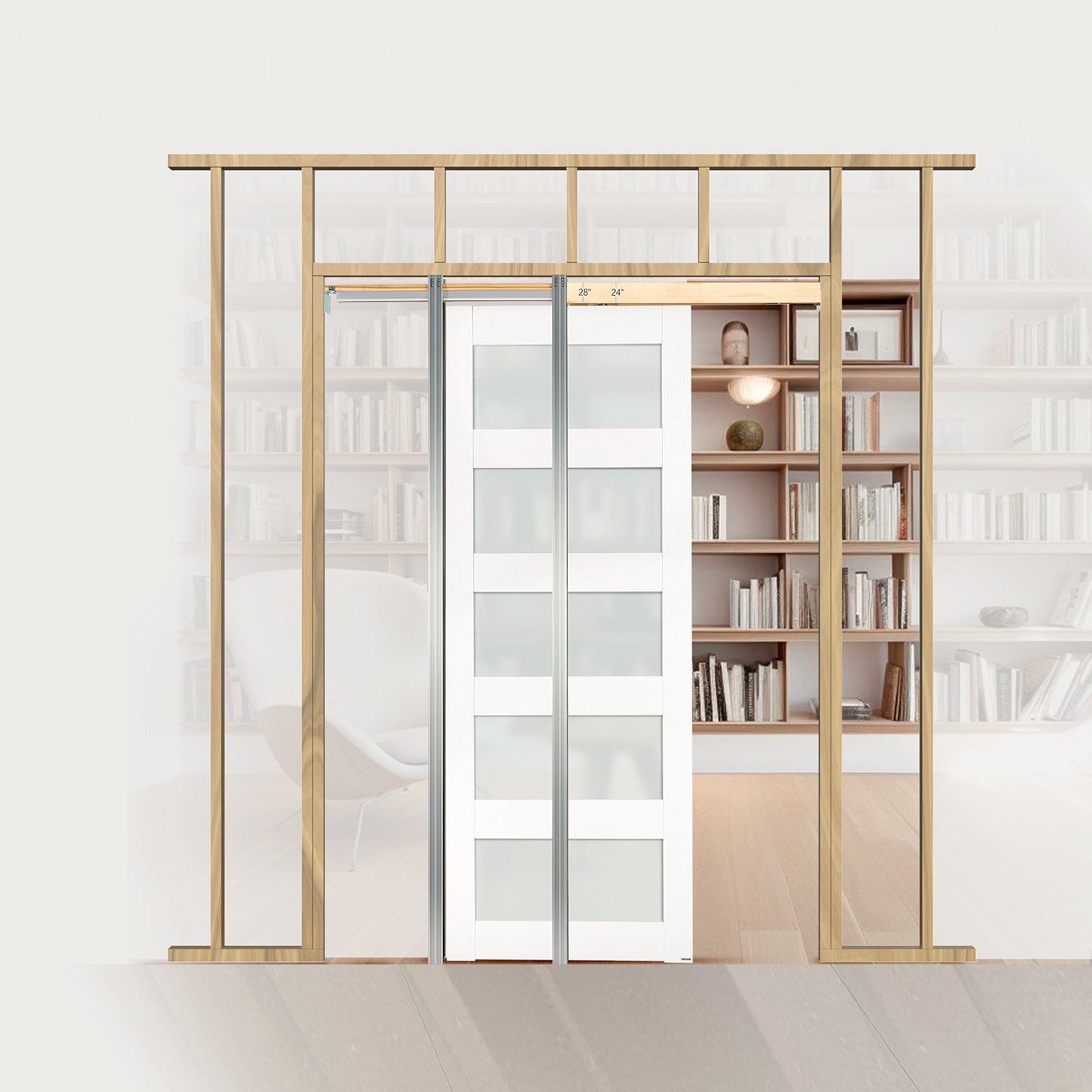 VEVOR Porta Scorrevole a Scomparsa, 765 x 2035 mm, Porta Scorrevole Singola in Vetro Satinato a 5 Livelli con Kit Ferramenta, con Superficie Impermeabile per Camera da Letto, Cucina