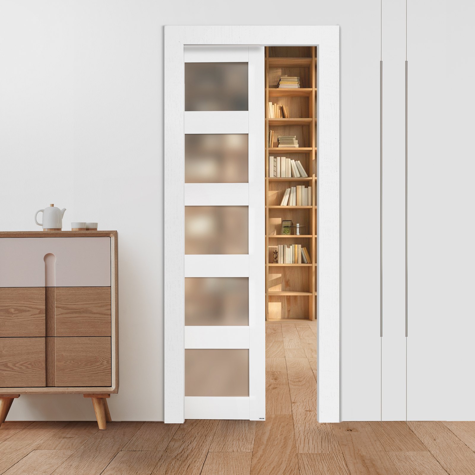 VEVOR Porta Scorrevole a Scomparsa, 765 x 2035 mm, Porta Scorrevole Singola in Vetro Satinato a 5 Livelli con Kit Ferramenta, con Superficie Impermeabile per Camera da Letto, Cucina