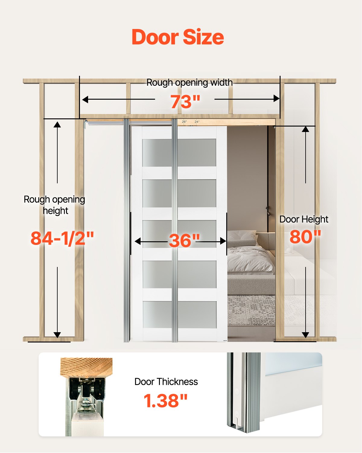 VEVOR Porta Scorrevole a Scomparsa, 915 x 2035 mm, Porta Scorrevole Singola in Vetro Satinato a 5 Livelli con Kit Ferramenta, con Superficie Impermeabile per Camera da Letto, Cucina