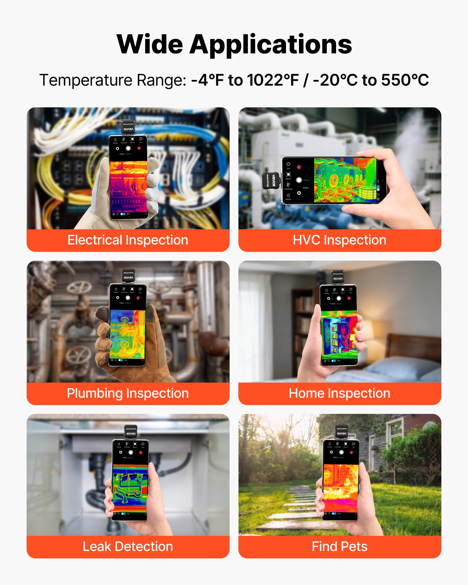 VEVOR Telecamera Termografica per Android, Risoluzione IR 160 x 120, Telecamera a Infrarossi Tascabile per Smartphone e Tablet, Risoluzione TISR 320x240, 25 Hz, -20 °C a 550 °C, 15 Tavolozze di Colori