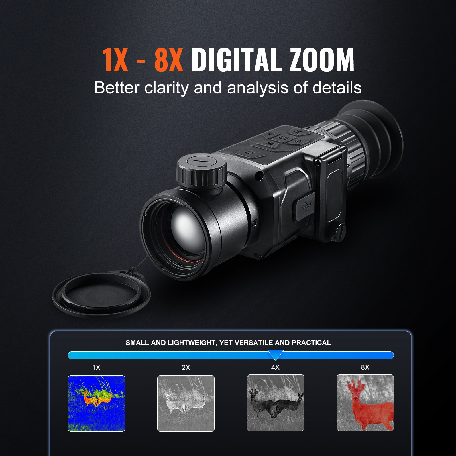 VEVOR Monocular Thermal Imaging Camera, 384 x 288 Resolution, IP54 Waterproof Camera with 1X-8X Zoom, 10 mm OLED Display, 1400 mAh High-Performance Battery for Outdoor Use