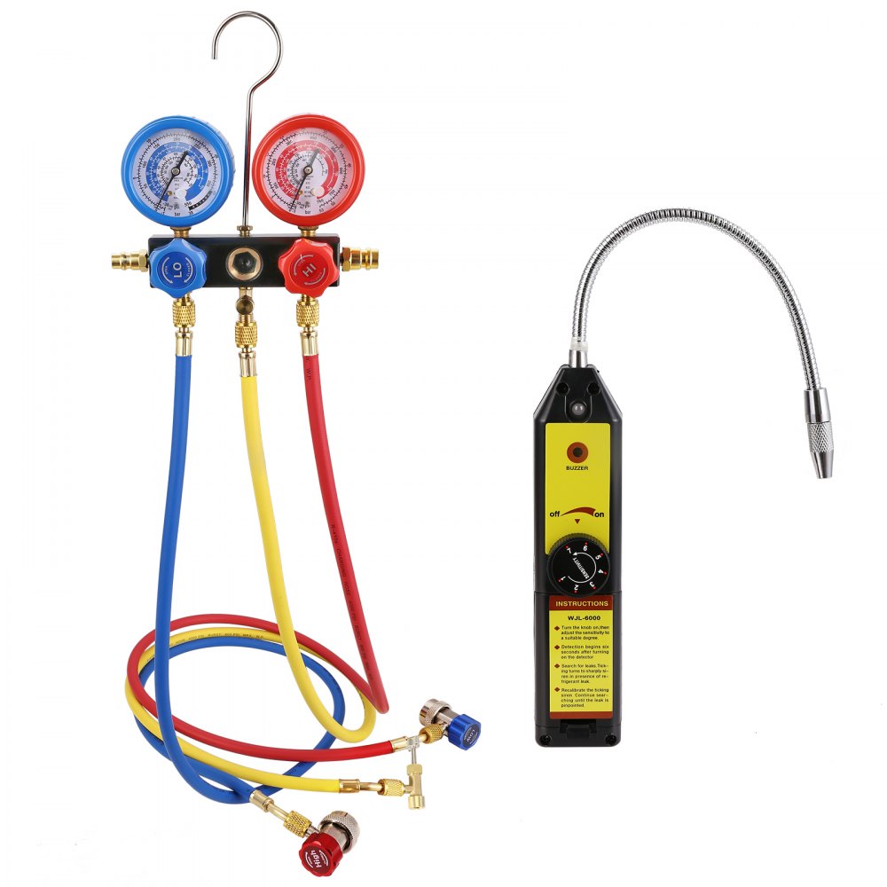 VEVOR Set Manometro e Pompa per Vuoto CA 113,26 L/min Pompa per Vuoto Aria HVAC a Palette Rotanti a Stadio Singolo, con Borsa per Trasporto del Tubo Flessibile Tricolore, Applicabile a R134a, R410a