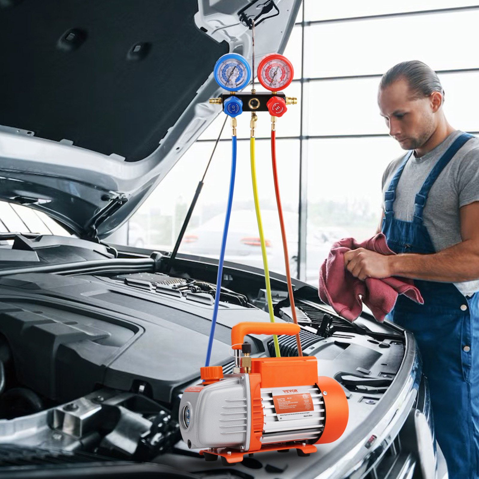 VEVOR Set Manometro e Pompa per Vuoto CA 113,26 L/min Pompa per Vuoto Aria HVAC a Palette Rotanti a Stadio Singolo, con Borsa per Trasporto del Tubo Flessibile Tricolore, Applicabile a R134a, R410a