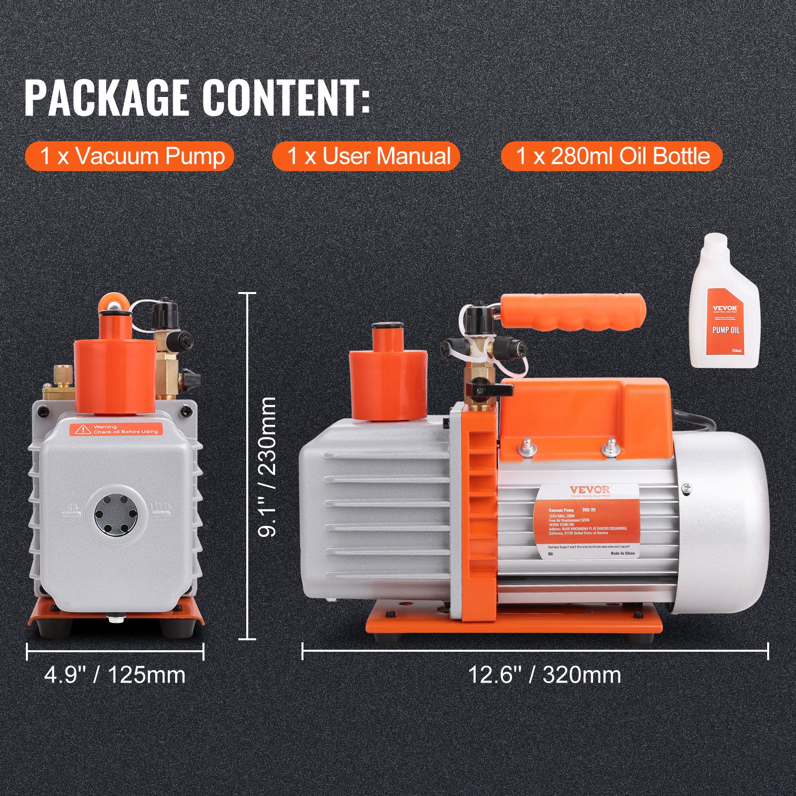 VEVOR Pompa per Vuoto Rotativa a Palette 320 x 125 x 230 mm Pompa per Vuoto per Aria Condizionata 2 Stadi, 280 W 142 L/min Riparazione HVAC, Manutenzione della Refrigerazione, Degasaggio della Resina