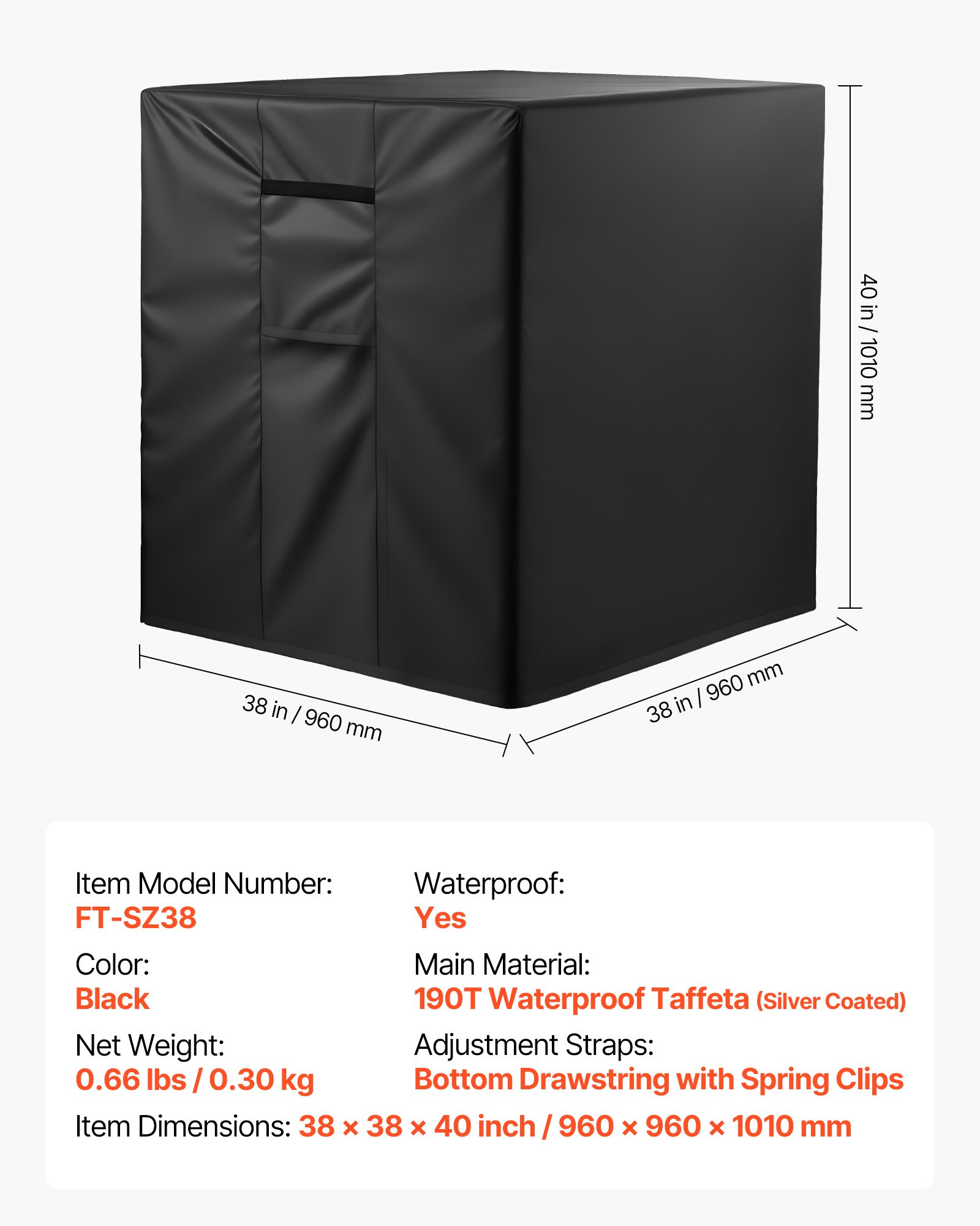 VEVOR Air Conditioner Cover, 960 x 960 x 1010 mm Ac Cover for Air Conditioning Unit, Three-Layer, Waterproof Polyester Fabric, Mesh Ventilation, Universal Defender for Outdoor Outside Ac Unit, Black