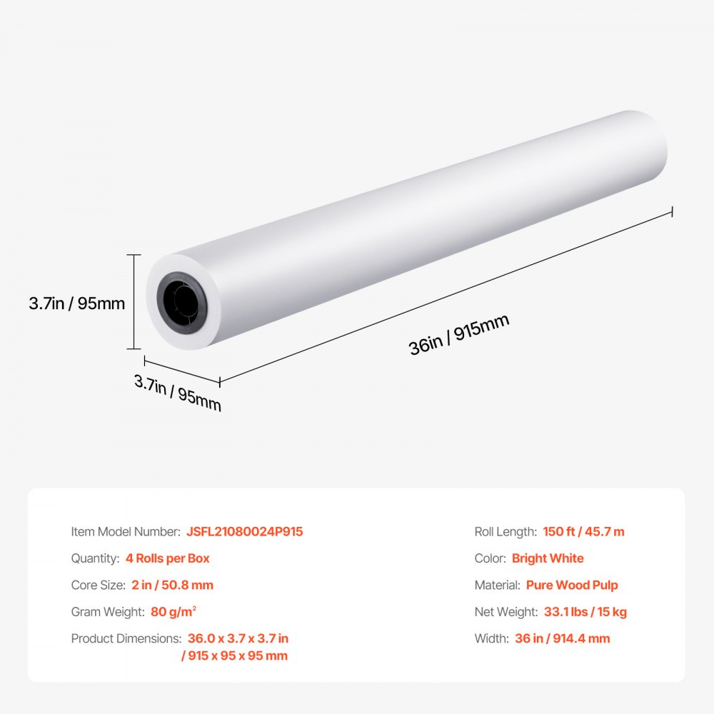VEVOR Carta per Plotter di Grande Formato, 914,4 mm x 45,7 m, 4 Rotoli CAD Bond Rolls con Anima 50,8 mm, Rotoli di Carta per Plotter 15 kg, Carta per Disegni CAD, Progetti di Ingegneria, Mappe GIS