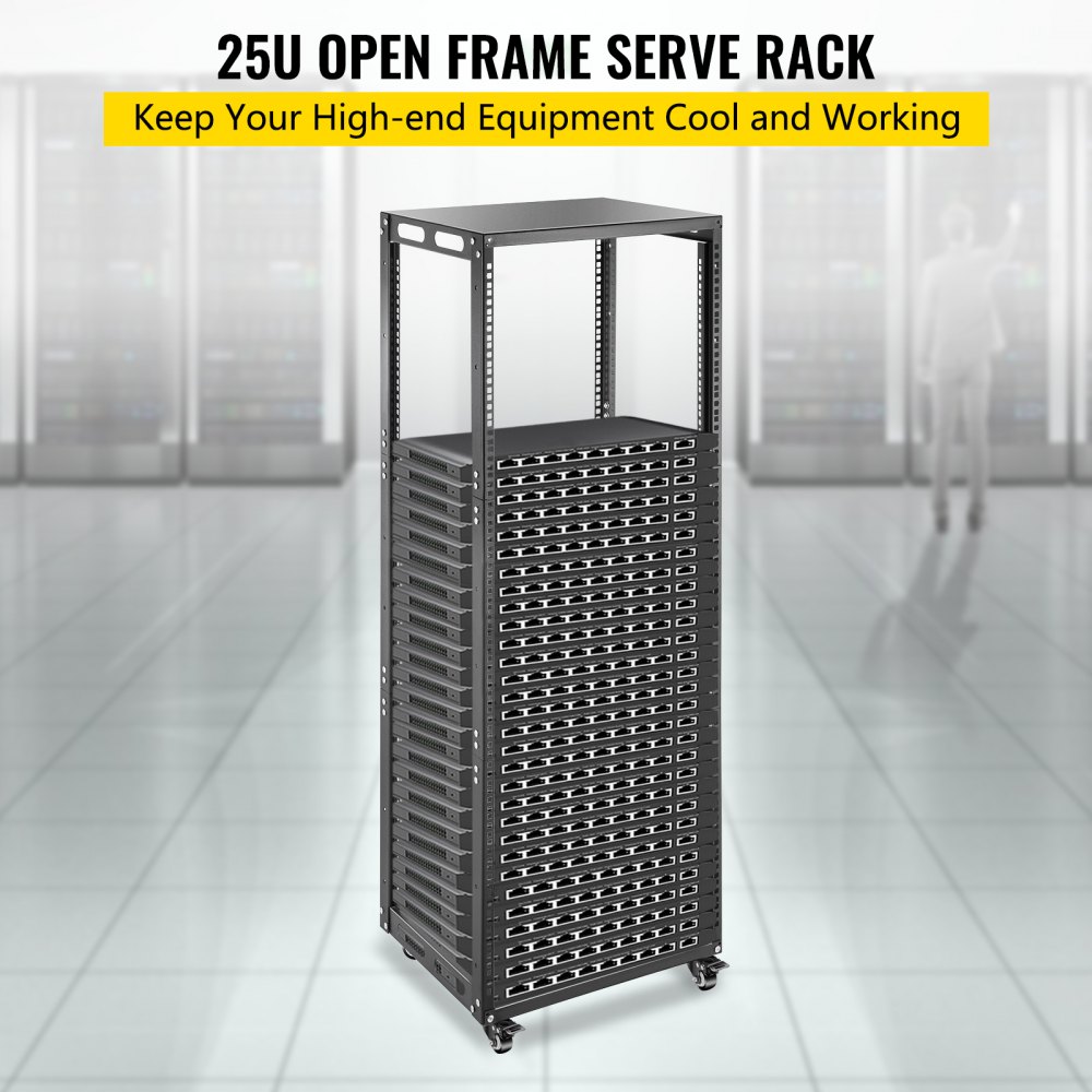 VEVOR Rack a Telaio Aperto, 25U Server Rack a Telaio Aperto in Acciaio Laminato a Freddo, Capacità 544kg Rack per Server da 19" a Telaio Aperto, Rack a 4 Montanti a Telaio Aperto, 490x410x1335mm, Nero