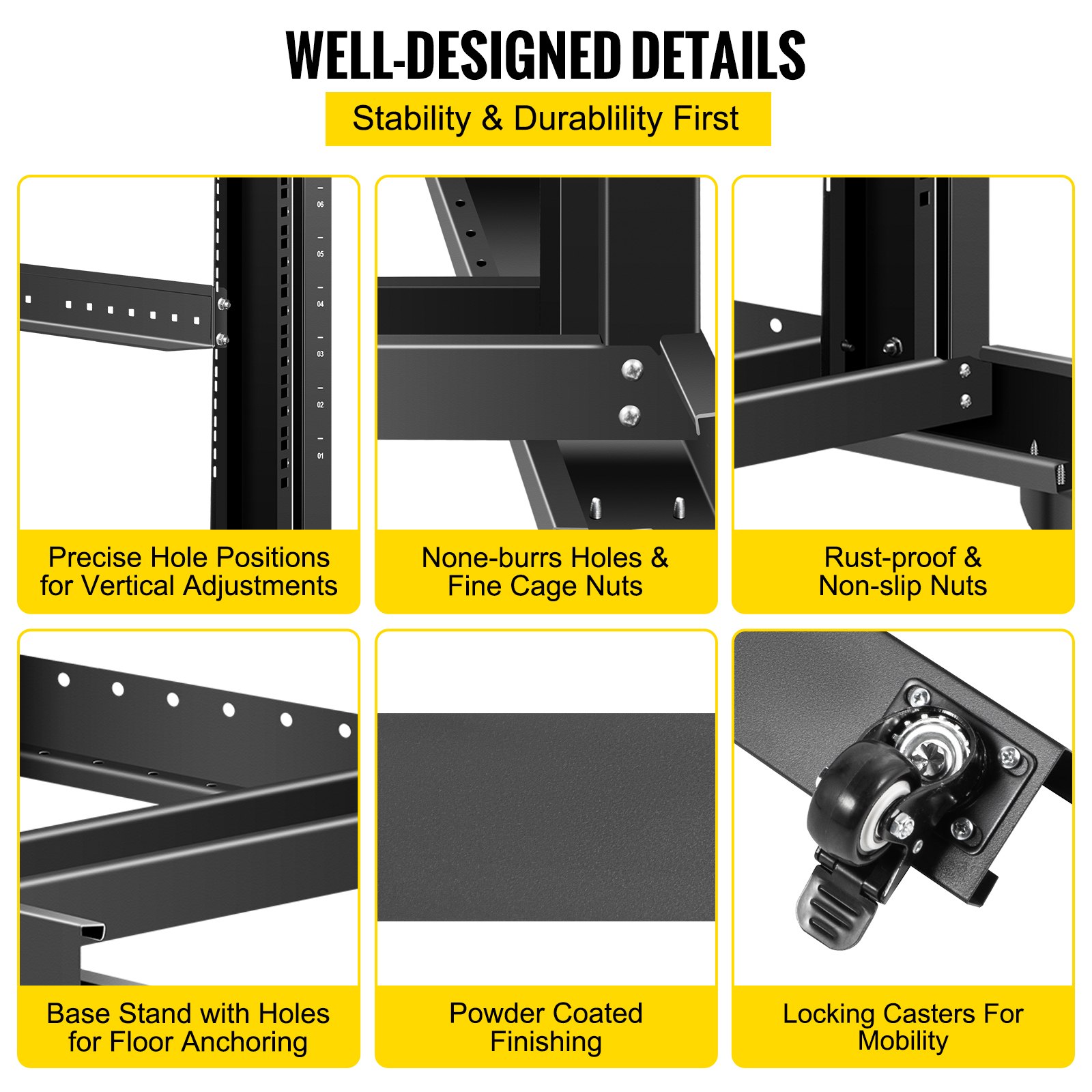 VEVOR Rack a Telaio Aperto, 15U Server Rack a Telaio Aperto in Acciaio Laminato a Freddo, Capacità 180kg Rack per Server da 19" a Telaio Aperto, Rack a 4 Montanti a Telaio Aperto, 800x597x1003mm, Nero