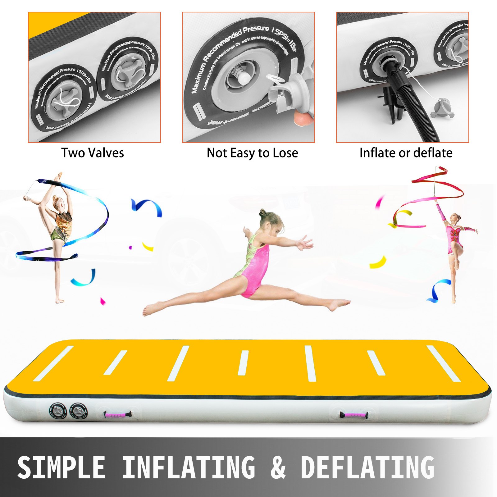 VEVOR appetino Ginnastica Stuoia di Burattatura Gonfiabile 300x100x20cm, Tappetino Fitness da Casa per Yoga, Materassino Gonfiabile Ginnastica Rosso Giallo Nessuna Pompa USA a Terra o in Acqua