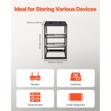 VEVOR Armadio Rack 16 U a Telaio Aperto, Capacità di 68,04 kg, Rack di Rete da Parete o da Pavimento con Ripiani Ventilati, per Apparecchiature di Rete e Dispositivi AV, Nero Profondità 585 mm