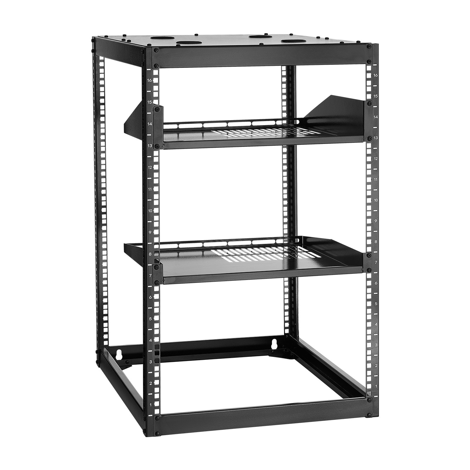 VEVOR Armadio Rack 16 U a Telaio Aperto, Capacità di 68,04 kg, Rack di Rete da Parete o da Pavimento con Ripiani Ventilati, per Apparecchiature di Rete e Dispositivi AV, Nero Profondità 585 mm