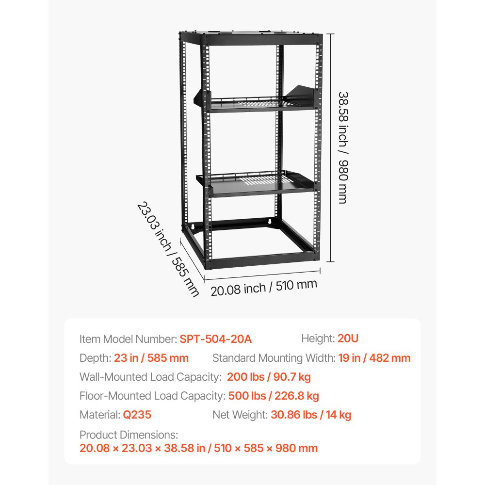 VEVOR Armadio Rack 20 U a Telaio Aperto, Capacità di 68,04 kg, Rack di Rete da Parete o da Pavimento con Ripiani Ventilati, per Apparecchiature di Rete e Dispositivi AV, Nero Profondità 585 mm