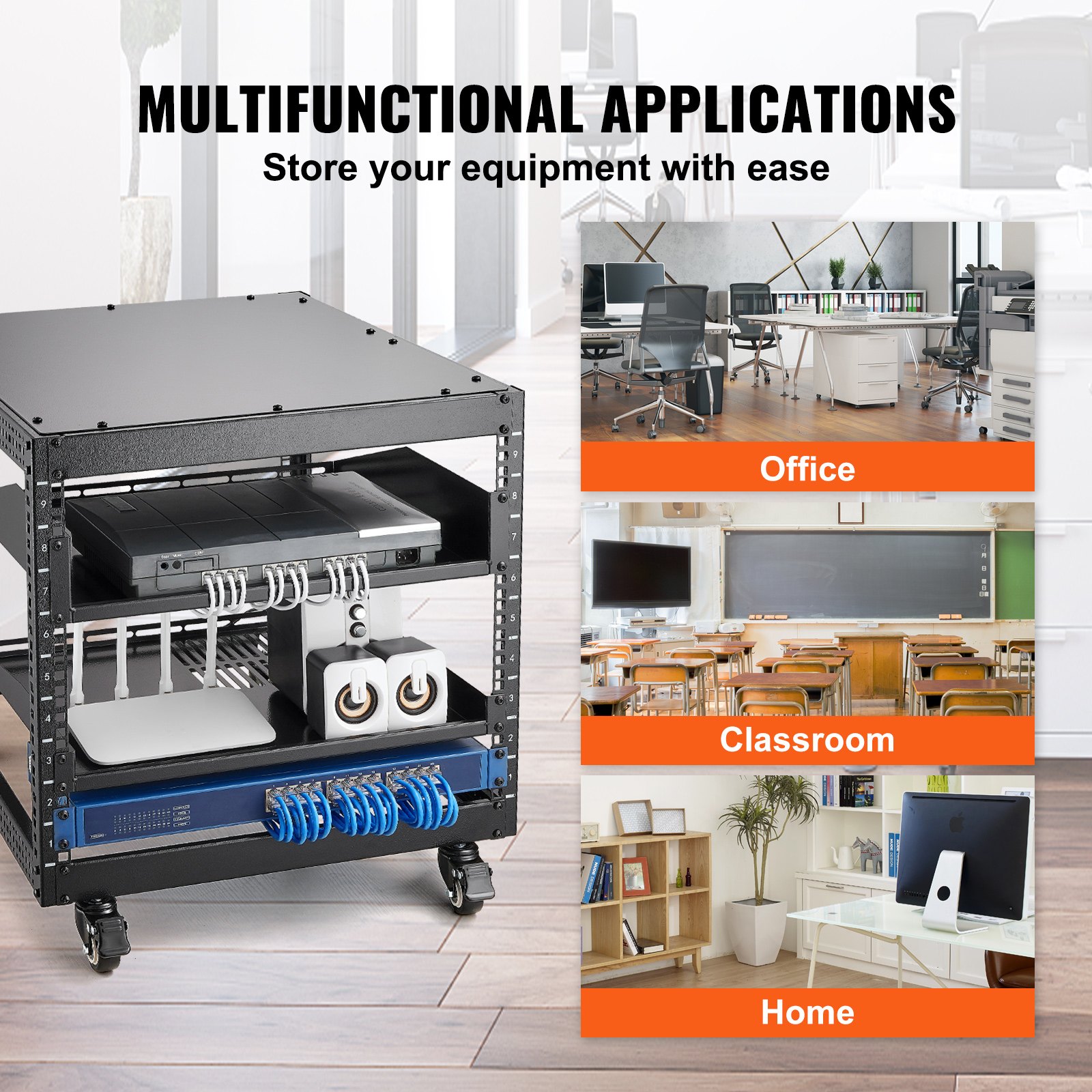 VEVOR Scaffale Portaoggetti per Attrezzi Multimediale, Carrello per Server di Rete Autoportante Profondità Regolabile 584,2-1016mm Ruote a 360° 4 Montanti Robusti, per Router Rete Apparecchiature IT