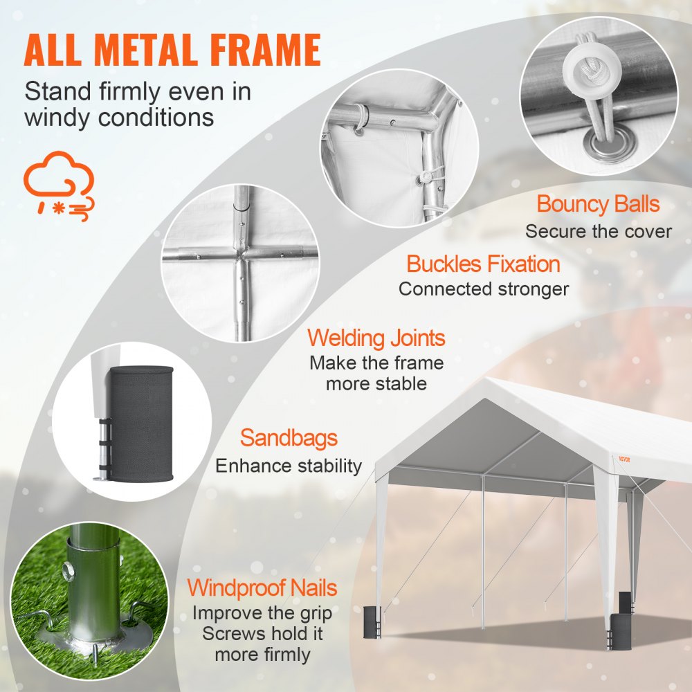 VEVOR Posto Auto Coperto, Tenda per Auto, Garage, Barca, 10x20 Piedi per Carico Pesante con 8 Pali Rinforzati e 4 Sacchi per Pesi, Telo Impermeabile per SUV, F150, Auto, Camion, Barca
