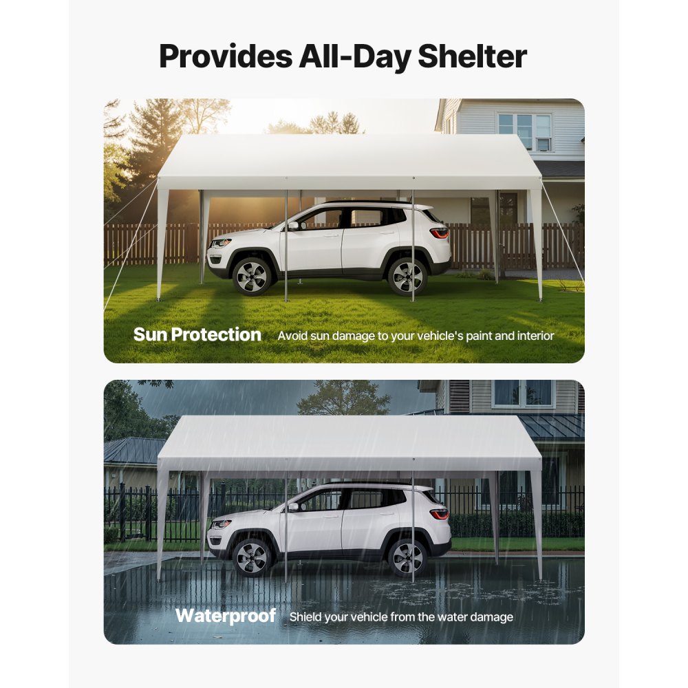 VEVOR Carport, 3.05x6.09x2.87 m Car Shelter, Tent Garage, Garage Tent, Galvanized Car Shelter, UV-Resistant, Year-Round Protection, Storage Shed for Car, Boat, Motorcycle, White