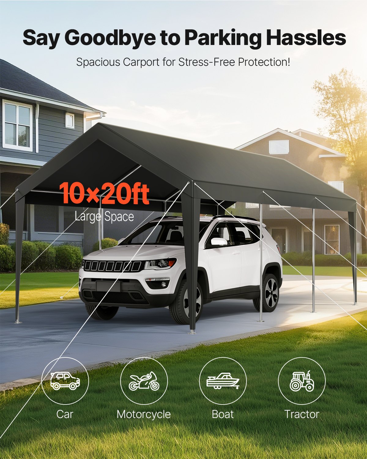VEVOR Posto Auto Coperto Esterno, Riparo per Auto 3,05 x 6,09 x 2,87 m, Tettoia Potabile con Pareti Laterali e Porta Rimovibili, Resistente ai Raggi UV e all'Acqua, per Auto e Barca, Grigio