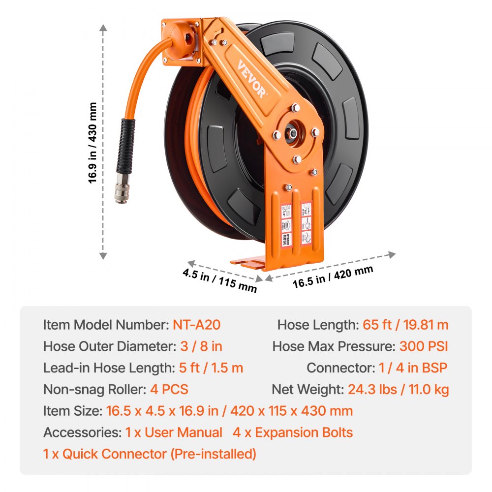 VEVOR Avvolgitubo Aria Compressa Retrattile Tubo Flessibile per Aria Compressa Ibrido Lunghezza 19,81m Pressione max. 300 PSI, Bobina Avvolgitubo Montaggio a Soffitto/Parete, Avvolgitubo da Officina