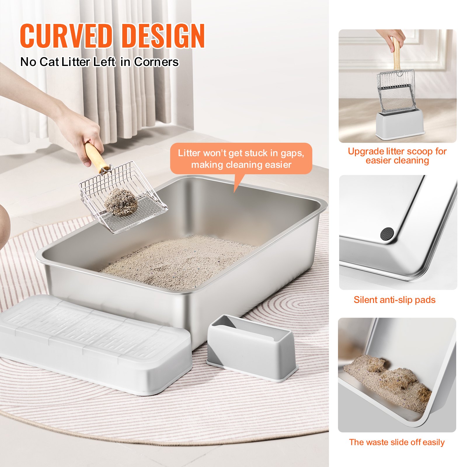 VEVOR Lettiere per Gatti, Set di 2, Lettiera a Ciotola Inodore per Gatti di Taglia Grande, 600 x 400 x 150 mm Lettiera per Gatti XL in Acciaio Inox con Paletta, Pedana con Filtro Largo e Bordo Alto