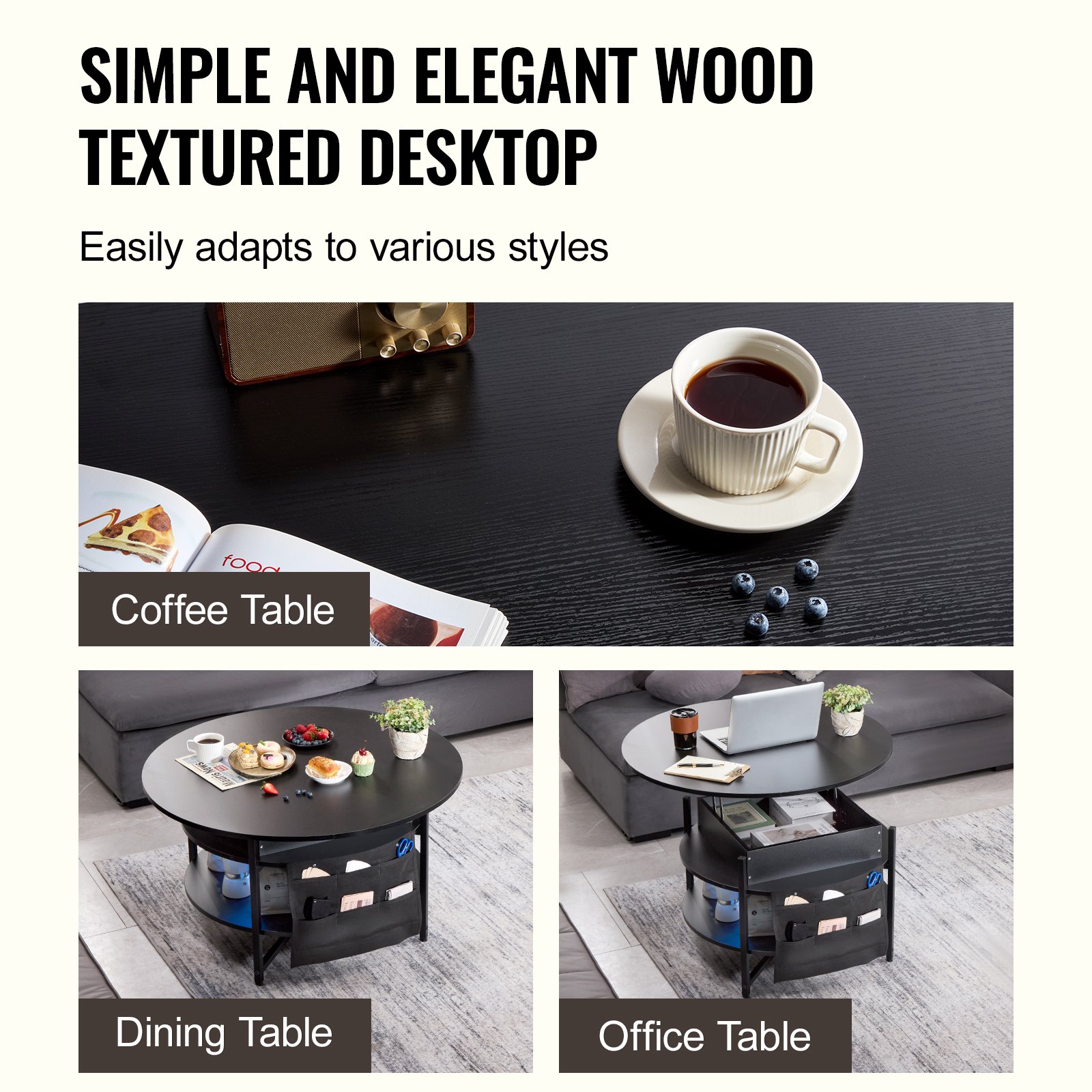 VEVOR Tavolino da Caffè con Piano Sollevabile 900 x 900 x 510 mm Tavolino da Caffè Rotondo con Tasche Portaoggetti Extra, Tavolino da Caffè Sollevabile Capacità di Carico 50 kg per Soggiorno, Nero