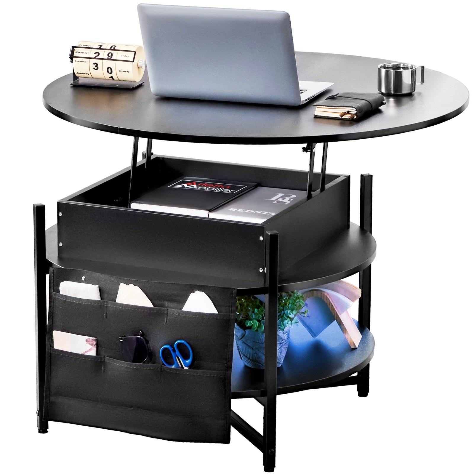 VEVOR Tavolino da Caffè con Piano Sollevabile 900 x 900 x 510 mm Tavolino da Caffè Rotondo con Tasche Portaoggetti Extra, Tavolino da Caffè Sollevabile Capacità di Carico 50 kg per Soggiorno, Nero