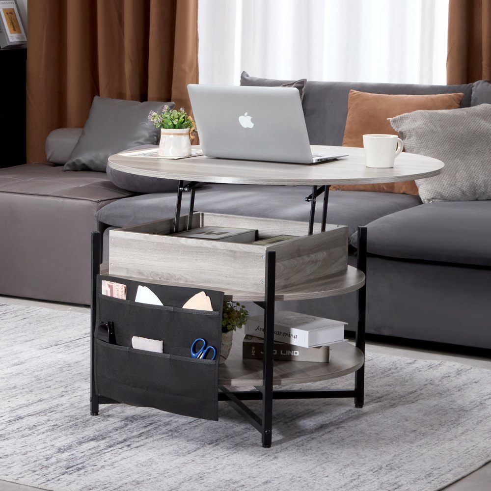 VEVOR Tavolino da Caffè con Piano Sollevabile 900 x 900 x 510 mm Tavolino da Caffè Rotondo con Tasche Portaoggetti Extra, Tavolino da Caffè Sollevabile 19,8 kg per Ufficio, Soggiorno, Grigio Scuro