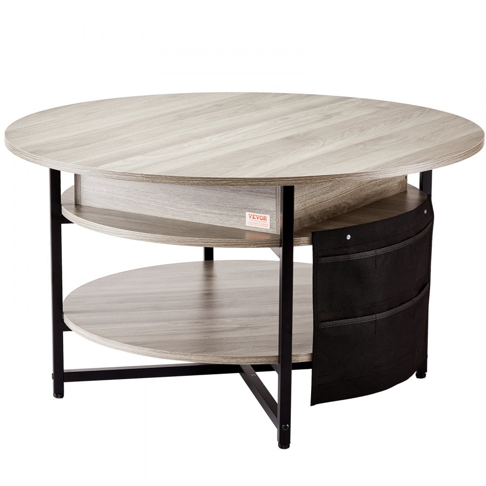VEVOR Tavolino da Caffè con Piano Sollevabile 900 x 900 x 510 mm Tavolino da Caffè Rotondo con Tasche Portaoggetti Extra, Tavolino da Caffè Sollevabile 19,8 kg per Ufficio, Soggiorno, Grigio Scuro