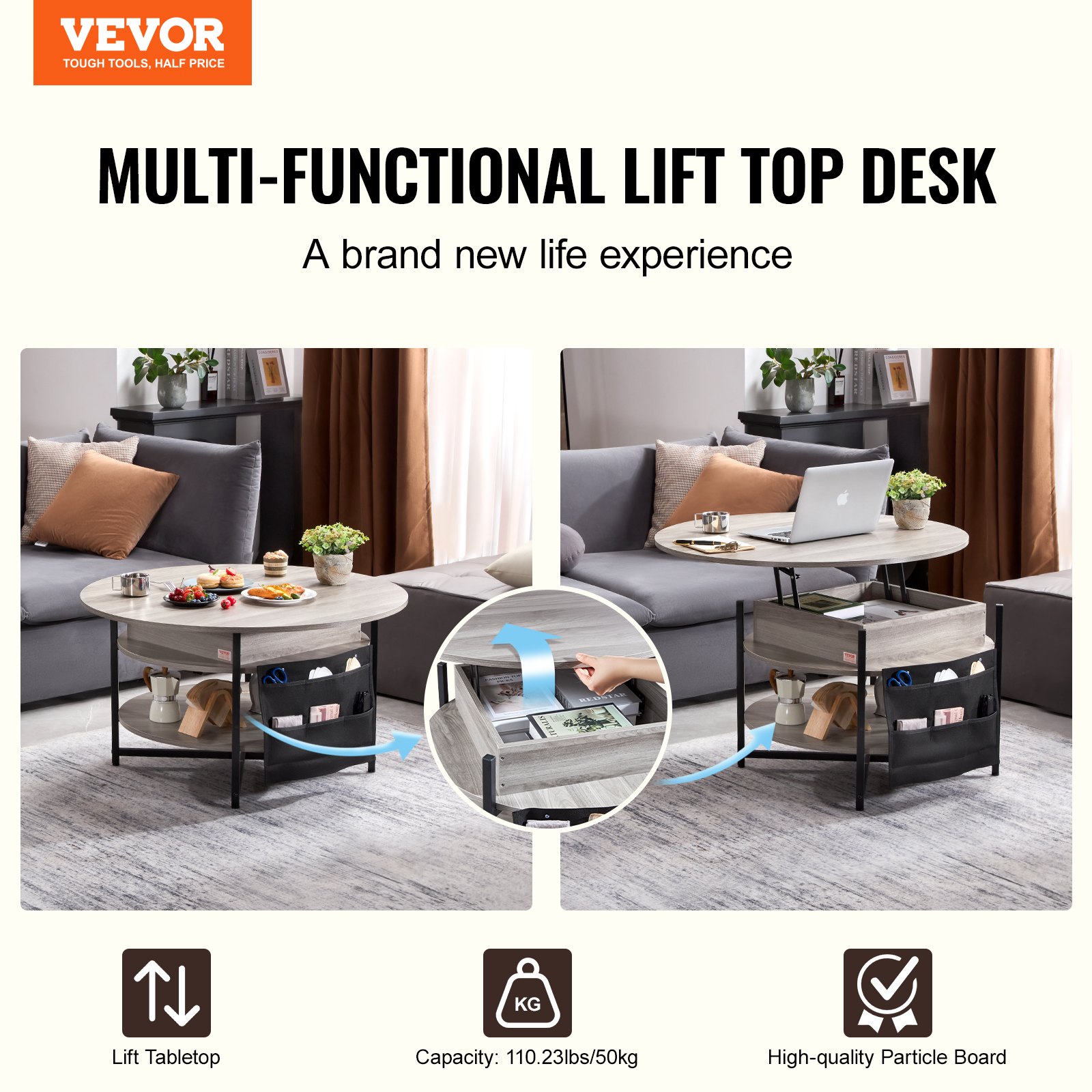 VEVOR Tavolino da Caffè con Piano Sollevabile 900 x 900 x 510 mm Tavolino da Caffè Rotondo con Tasche Portaoggetti Extra, Tavolino da Caffè Sollevabile 19,8 kg per Ufficio, Soggiorno, Grigio Scuro