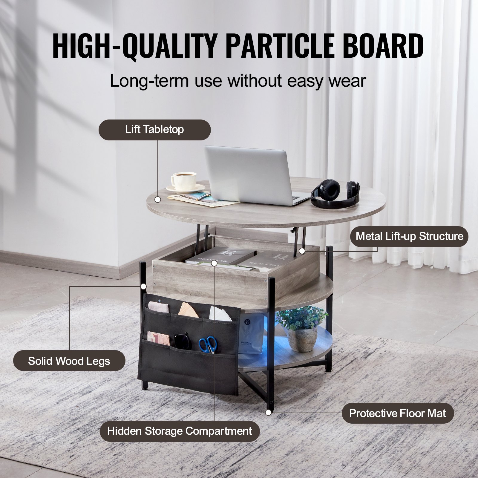 VEVOR Tavolino da Caffè con Piano Sollevabile 900 x 900 x 510 mm Tavolino da Caffè Rotondo con Tasche Portaoggetti Extra, Tavolino da Caffè Sollevabile 19,8 kg per Ufficio, Soggiorno, Grigio Scuro