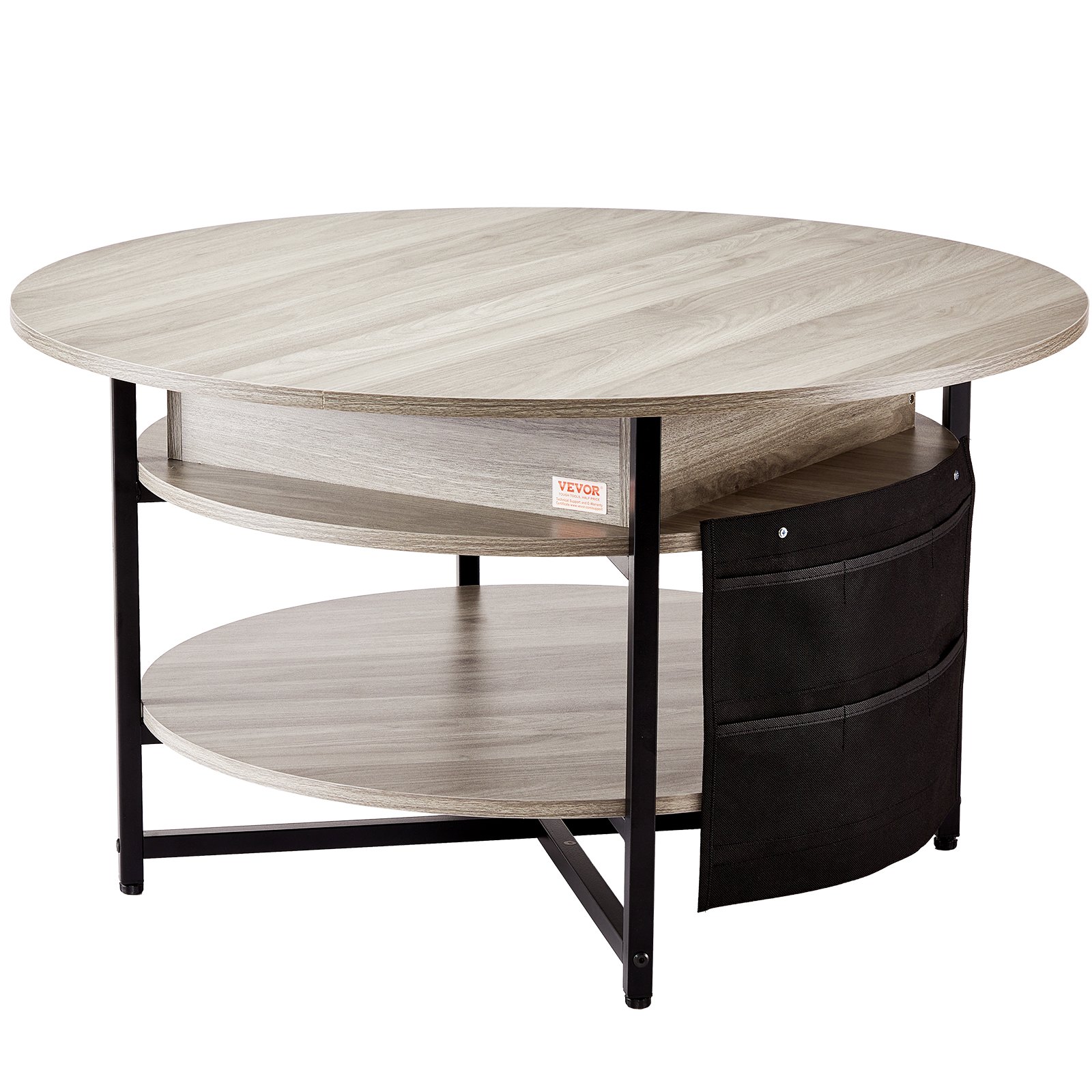 VEVOR Tavolino da Caffè con Piano Sollevabile 900 x 900 x 510 mm Tavolino da Caffè Rotondo con Tasche Portaoggetti Extra, Tavolino da Caffè Sollevabile 19,8 kg per Ufficio, Soggiorno, Grigio Scuro
