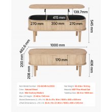 VEVOR Tavolino da Caffè con Piano Sollevabile da 1000 mm, Tavolino Ovale 3 Scomparti Nascosti, Scrivania in Legno con Spazio di Archiviazione, Piano per Casa e Ufficio, Burlywood Legno Naturale