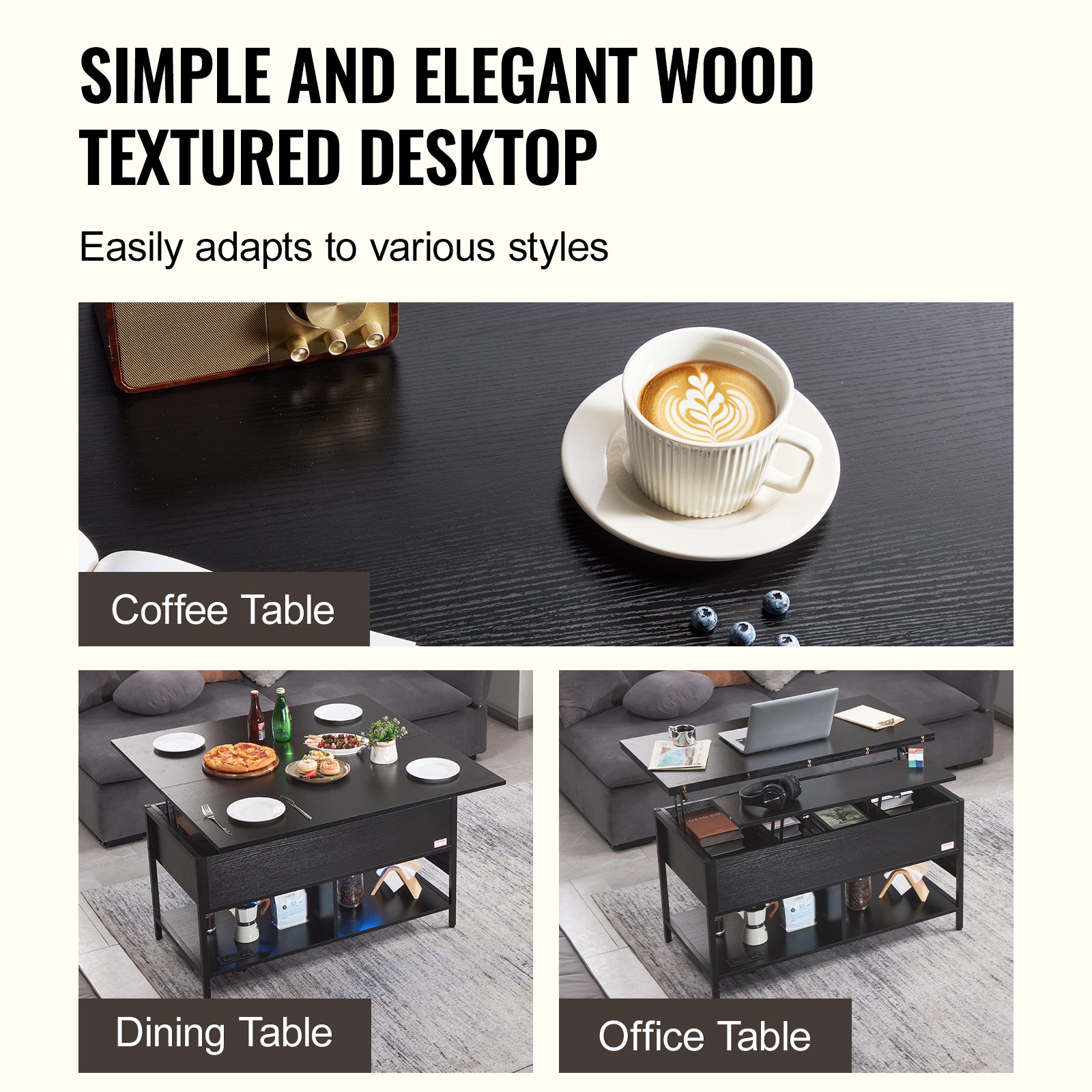 VEVOR Tavolino da Caffè Sollevabile 1000 x 500 x 552 mm Tavolino da Caffè Rettangolare, con Tasche Portaoggetti Extra, Tavolino da Caffè Ribaltabile con Illuminazione Ambientale per Soggiorno, Nero
