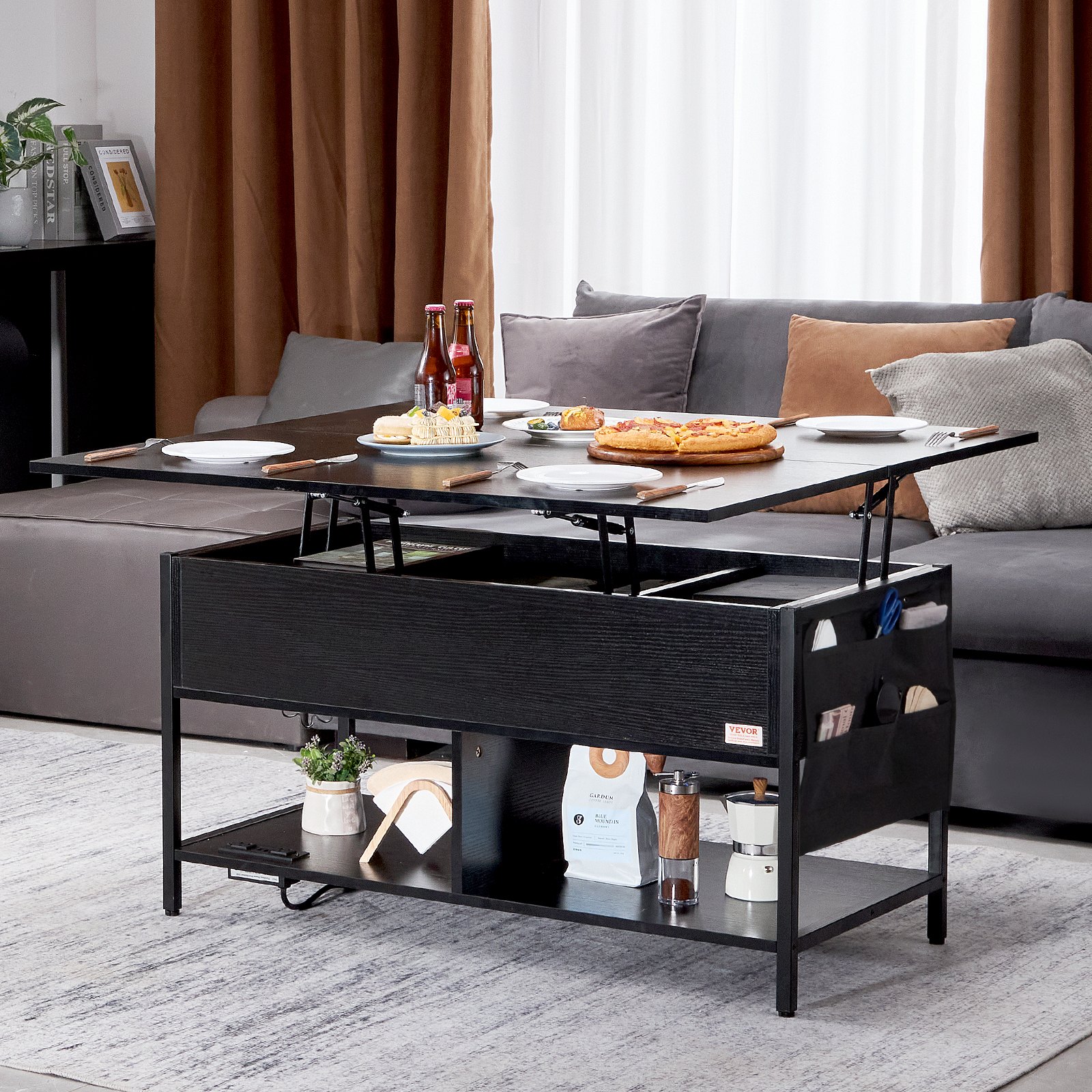 VEVOR Tavolino da Caffè Sollevabile 1000 x 500 x 552 mm Tavolino da Caffè Rettangolare, con Tasche Portaoggetti Extra, Tavolino da Caffè Ribaltabile con Illuminazione Ambientale per Soggiorno, Nero