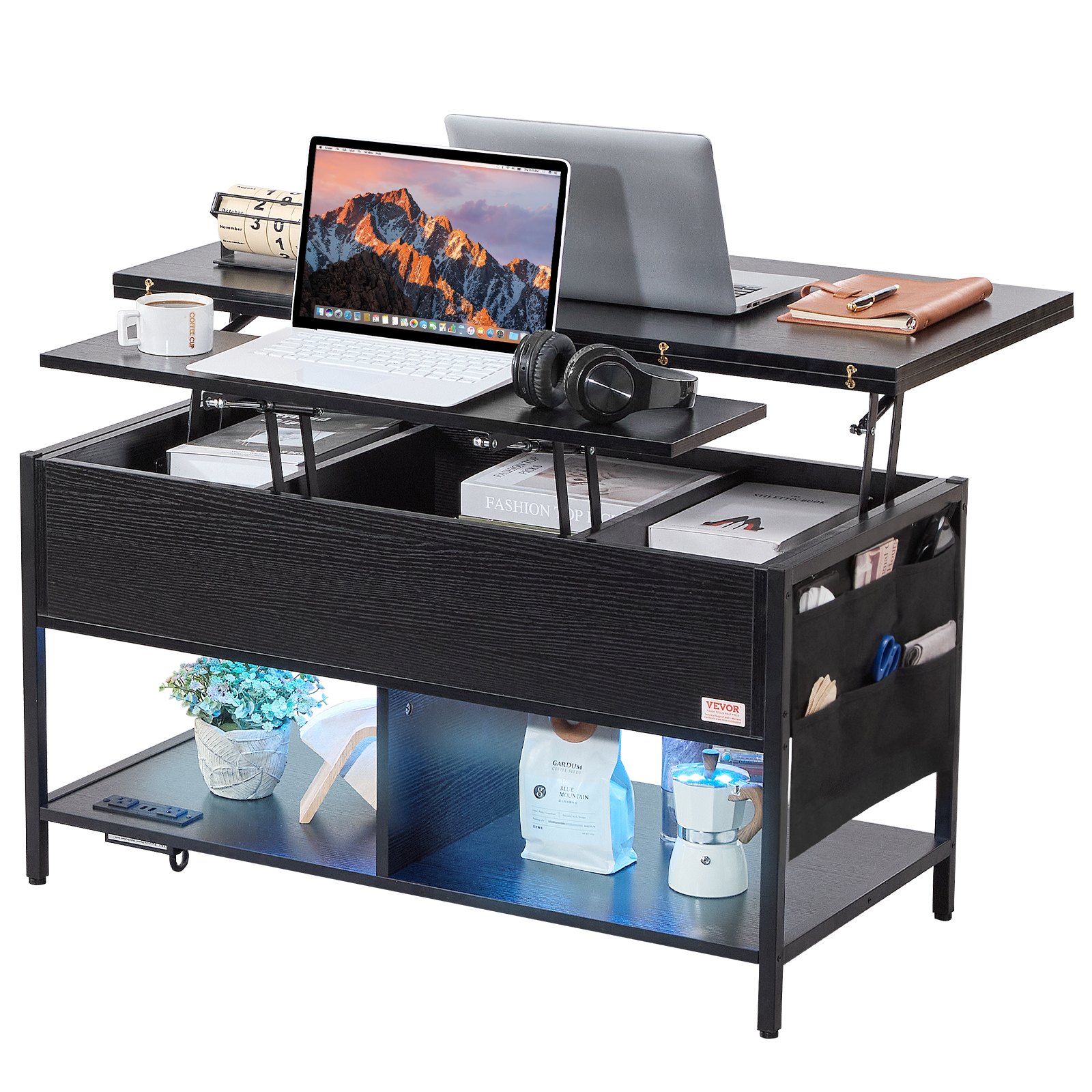 VEVOR Tavolino da Caffè Sollevabile 1000 x 500 x 552 mm Tavolino da Caffè Rettangolare, con Tasche Portaoggetti Extra, Tavolino da Caffè Ribaltabile con Illuminazione Ambientale per Soggiorno, Nero