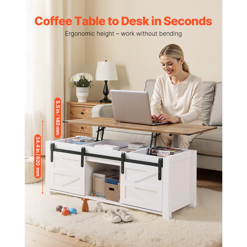 VEVOR Tavolino da Caffè Sollevabile da 1200 mm, Tavolino Rustico con Anta a Fienile e Vano Portaoggetti Nascosto, Moderno Tavolo Rettangolare Sollevabile per Soggiorno, Ufficio, Casa, Bianco