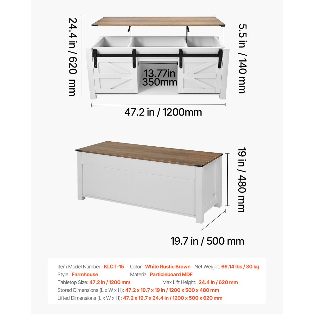 VEVOR Tavolino da Caffè Sollevabile da 1200 mm, Tavolino Rustico con Anta a Fienile e Vano Portaoggetti Nascosto, Moderno Tavolo Rettangolare Sollevabile per Soggiorno, Ufficio, Casa, Bianco