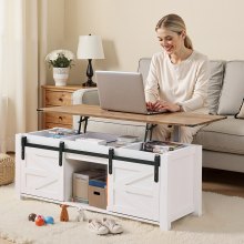VEVOR Tavolino da Caffè Sollevabile da 1200 mm, Tavolino Rustico con Anta a Fienile e Vano Portaoggetti Nascosto, Moderno Tavolo Rettangolare Sollevabile per Soggiorno, Ufficio, Casa, Bianco