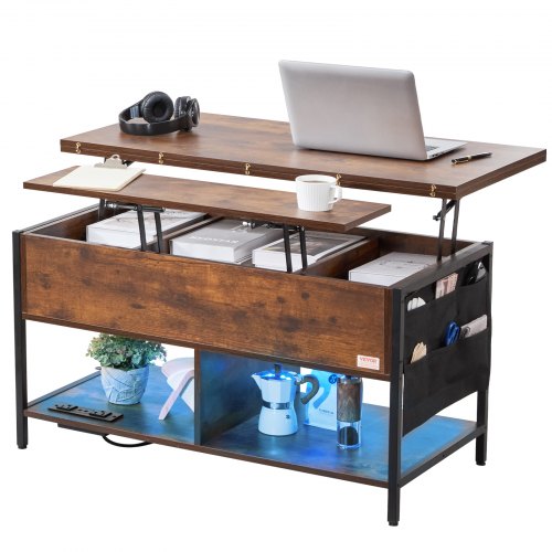 VEVOR Tavolino da Caffè Sollevabile 1000 x 498 x 552 mm Tavolino da Caffè Rettangolare, con Tasche Portaoggetti Extra, Tavolino da Caffè Ribaltabile con Illuminazione Ambientale per Soggiorno, Marrone