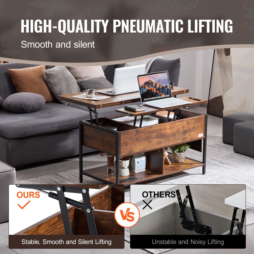 VEVOR Coffee Table with Lift-Up Top, 39.4-Inch Rectangular Coffee Table with Additional Storage Pockets, Foldable Coffee Table with Power Strip & USB Ports & Ambient Lighting for Living Room, Brown