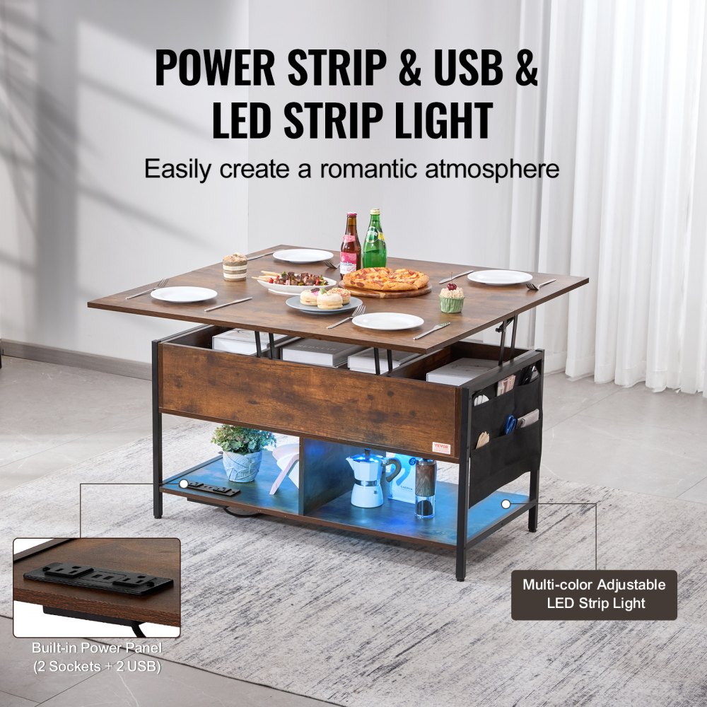 VEVOR Tavolino da Caffè Sollevabile 1000 x 498 x 552 mm Tavolino da Caffè Rettangolare, con Tasche Portaoggetti Extra, Tavolino da Caffè Ribaltabile con Illuminazione Ambientale per Soggiorno, Marrone