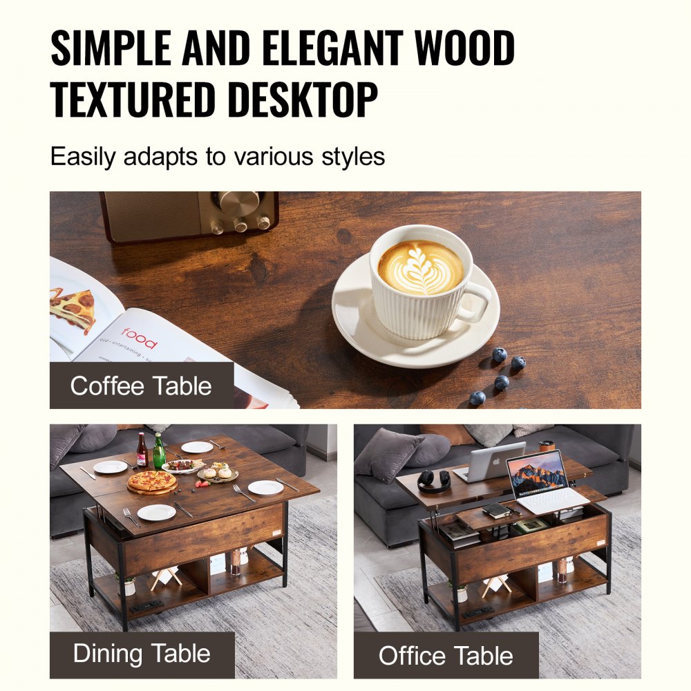 VEVOR Tavolino da Caffè Sollevabile 1000 x 498 x 552 mm Tavolino da Caffè Rettangolare, con Tasche Portaoggetti Extra, Tavolino da Caffè Ribaltabile con Illuminazione Ambientale per Soggiorno, Marrone