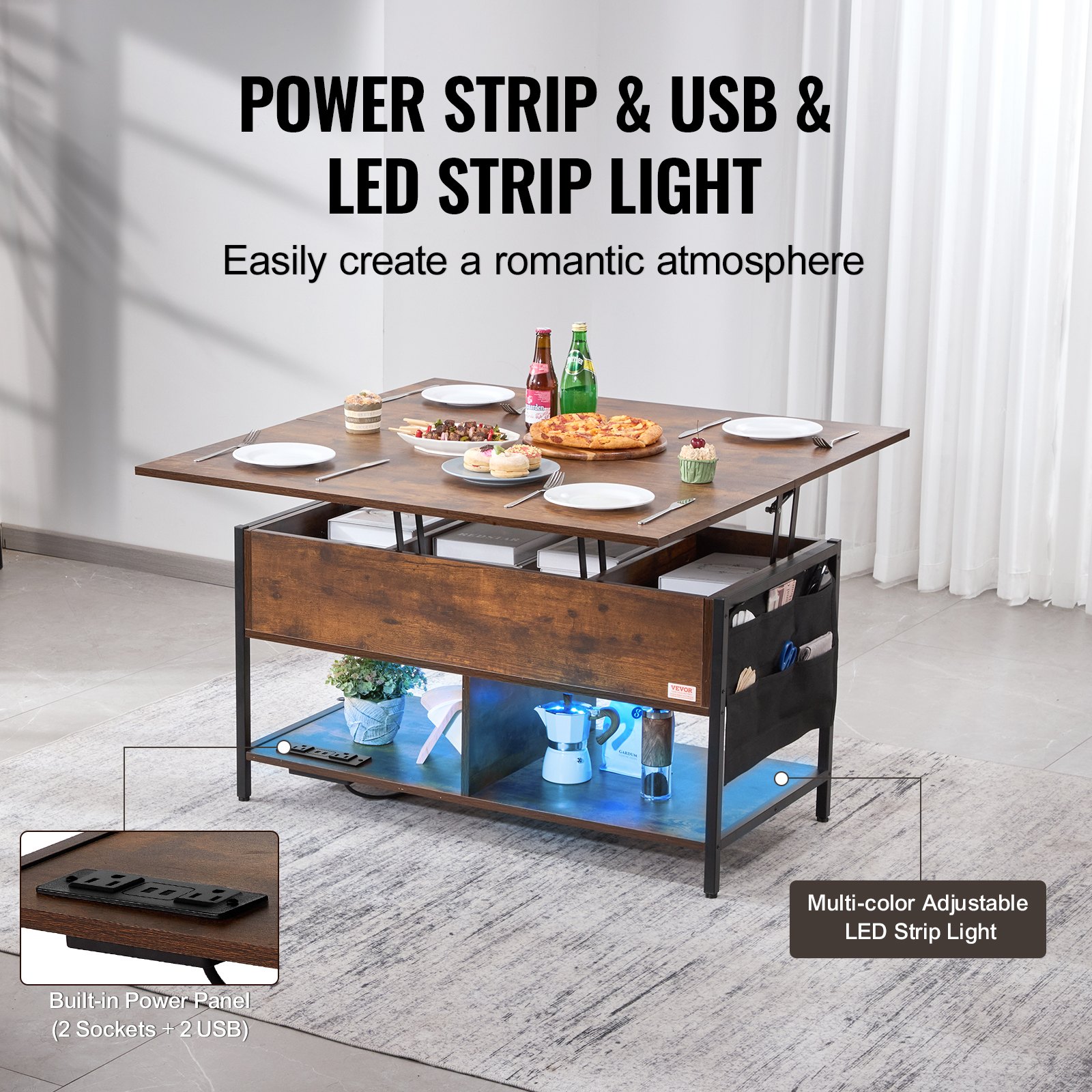 VEVOR Tavolino da Caffè Sollevabile 1000 x 498 x 552 mm Tavolino da Caffè Rettangolare, con Tasche Portaoggetti Extra, Tavolino da Caffè Ribaltabile con Illuminazione Ambientale per Soggiorno, Marrone