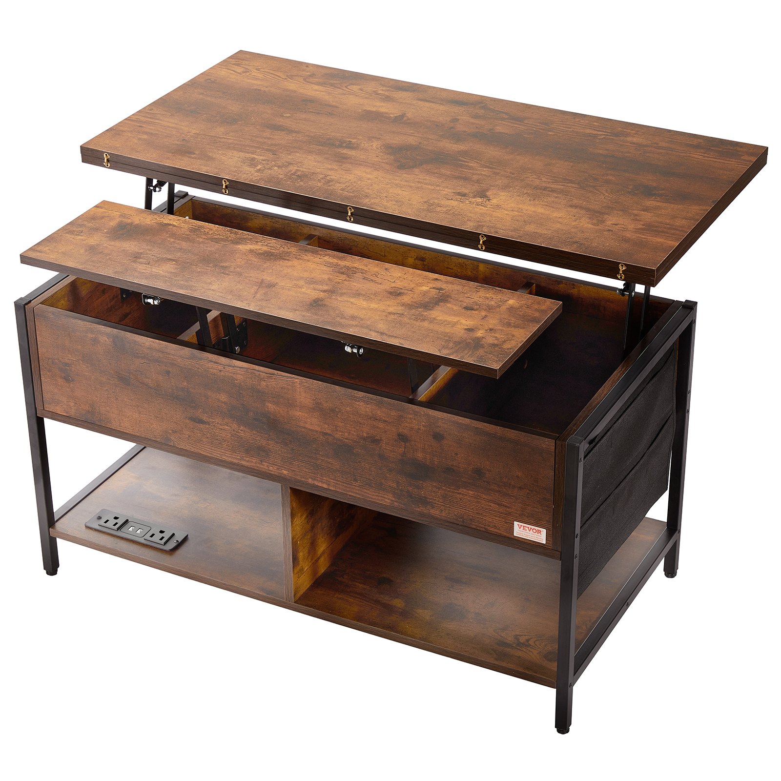 VEVOR Tavolino da Caffè Sollevabile 1000 x 498 x 552 mm Tavolino da Caffè Rettangolare, con Tasche Portaoggetti Extra, Tavolino da Caffè Ribaltabile con Illuminazione Ambientale per Soggiorno, Marrone